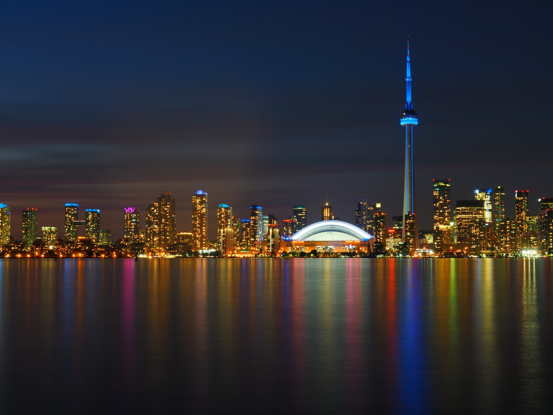 View of the CN Tower lit at night